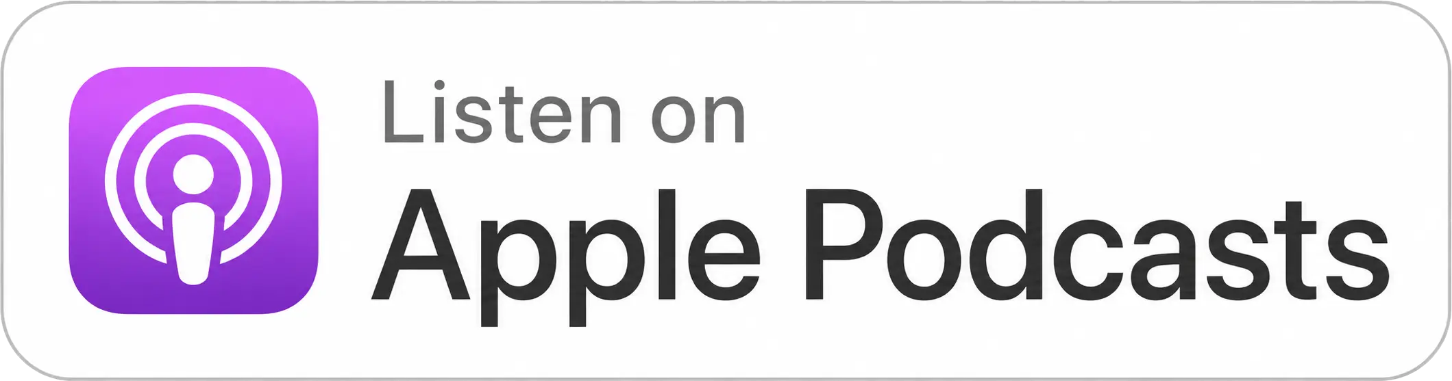 Purple and white Listen on Apple Podcasts badge icon with a rounded corner border.