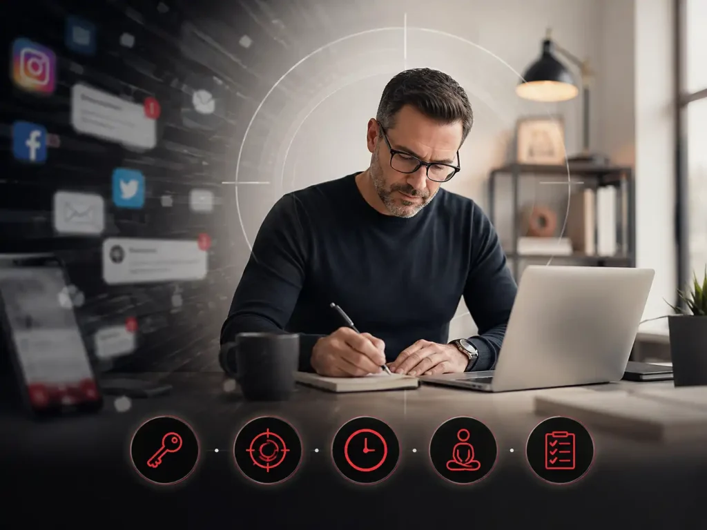 Digital illustration of a male marketing consultant focusing on a notebook surrounded by floating social media app icons and a digital overlay displaying strategy, targets, and analysis icons