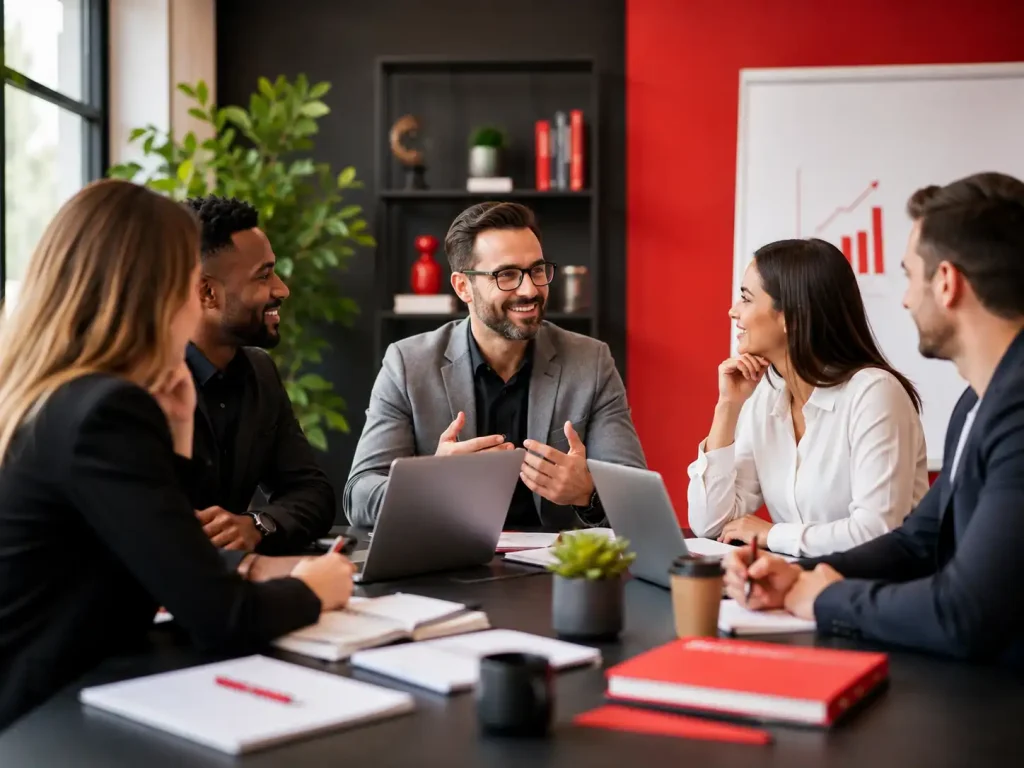 Diverse group of business professionals sitting around a conference table in a modern office having an engaging strategy meeting with laptops and notebooks.