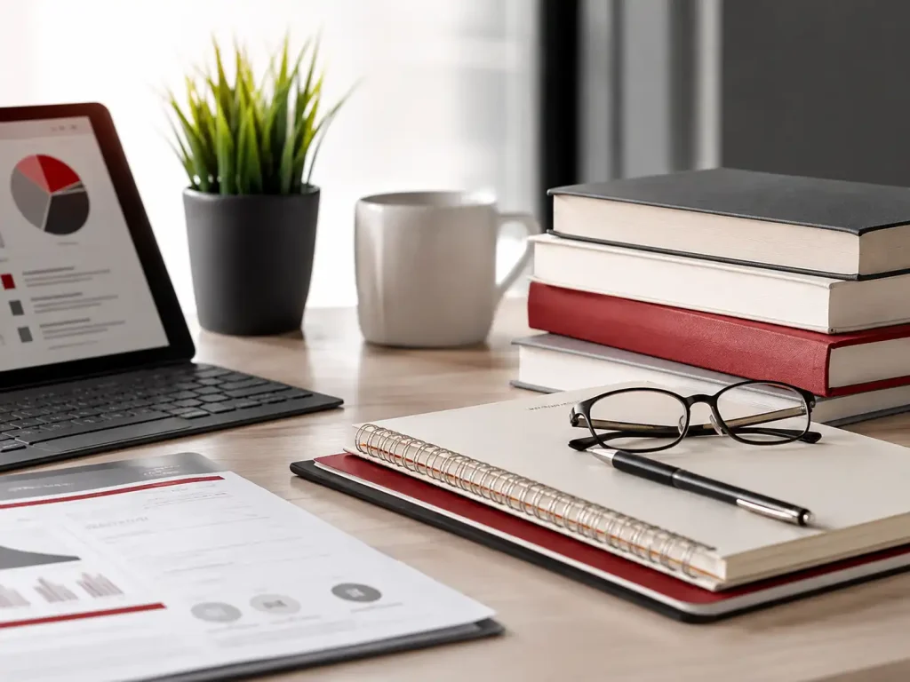 Desk setup showing glasses resting on a notebook next to stacked books, a coffee mug, and a tablet displaying a pie chart analytics dashboard.