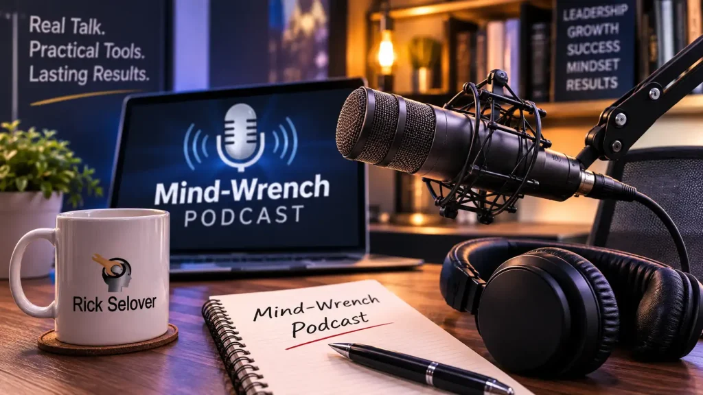 Studio desk setup for the Mind-Wrench Podcast with Rick Selover featuring a professional microphone, headphones, branded mug, notebook, and laptop screen showing the podcast logo.
