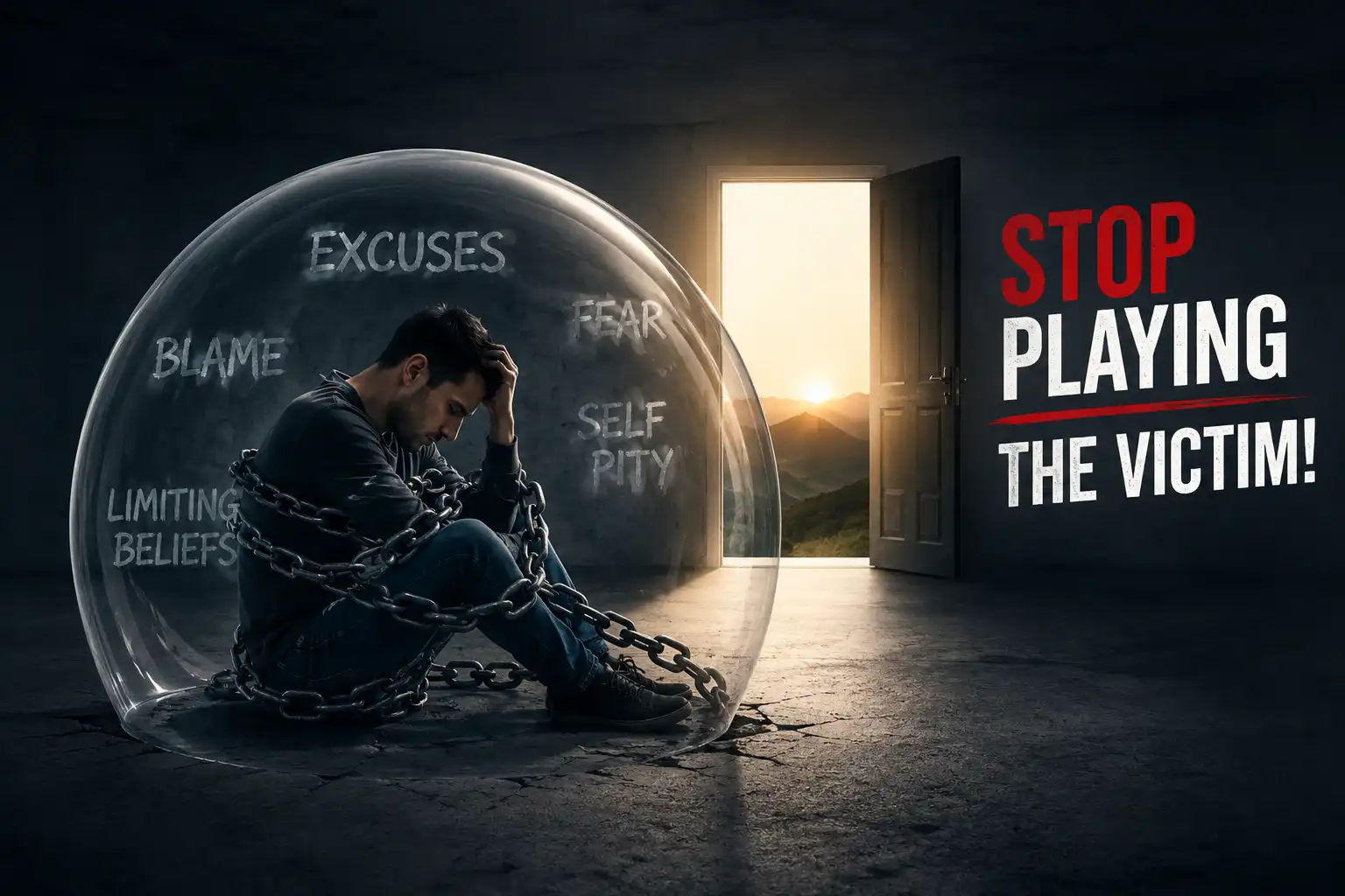 Conceptual graphic of a man wrapped in chains trapped inside a glass bubble labeled with words like fear, blame, excuses, and limiting beliefs, sitting in front of an open doorway with text reading Stop Playing The Victim.