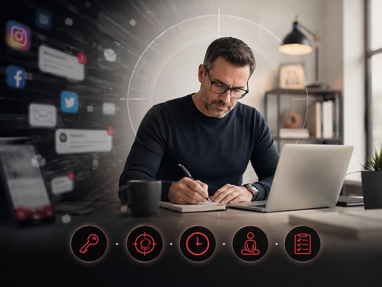 Digital illustration of a male marketing consultant focusing on a notebook surrounded by floating social media app icons and a digital overlay displaying strategy, targets, and analysis icons