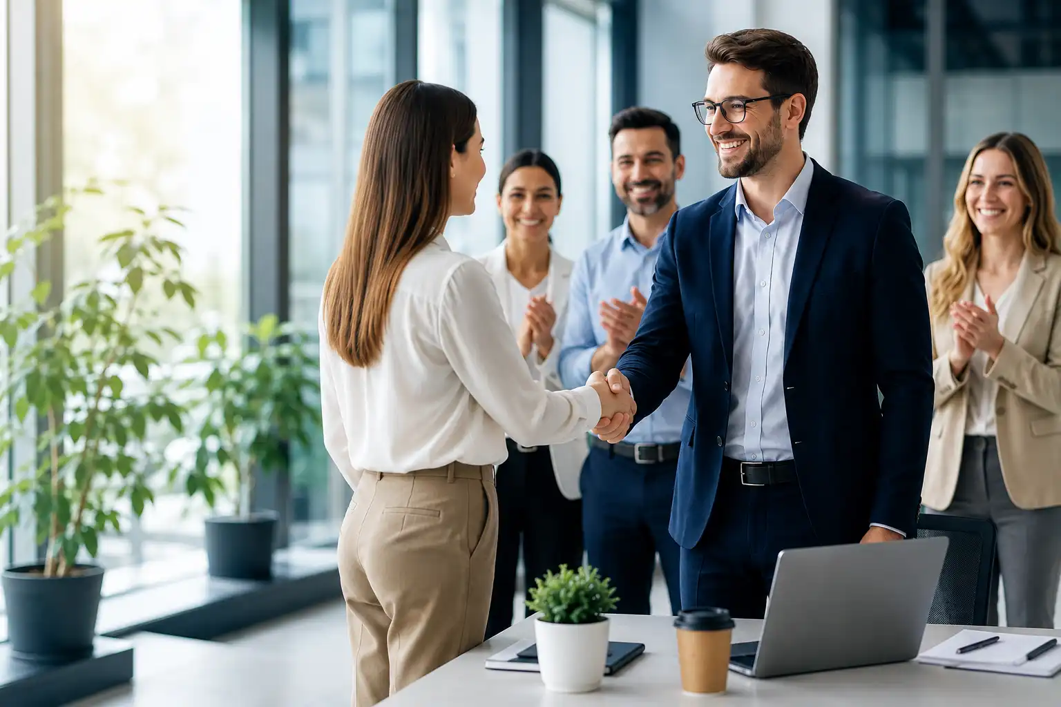Professional male executive in a suit shaking hands with a female colleague or client in a bright office while team members applaud in the background.