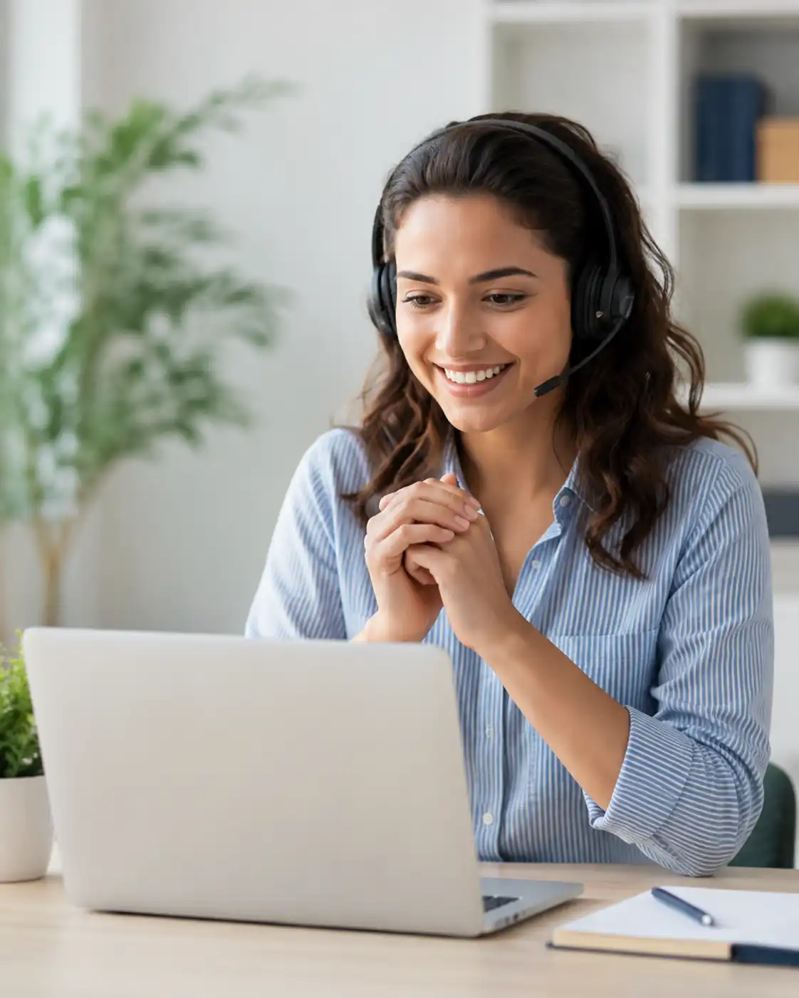 Smiling woman wearing a headset with a microphone sitting at a desk in front of a laptop computer.